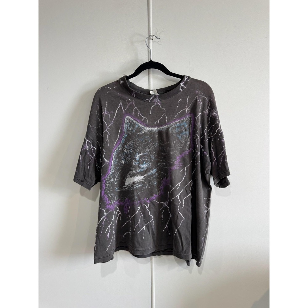 Vintage Wolf Lightning AOP Shirt Mens 2XL Gray Animal Faded Boxy Tee T-Shirt 90s